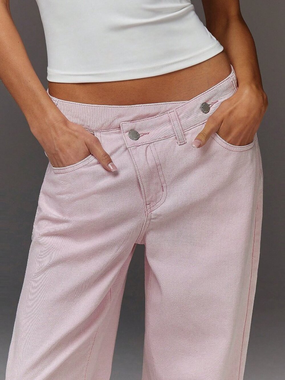 Pink Women's Denim Casual Asymmetrical Waistband Wide-Leg Jeans